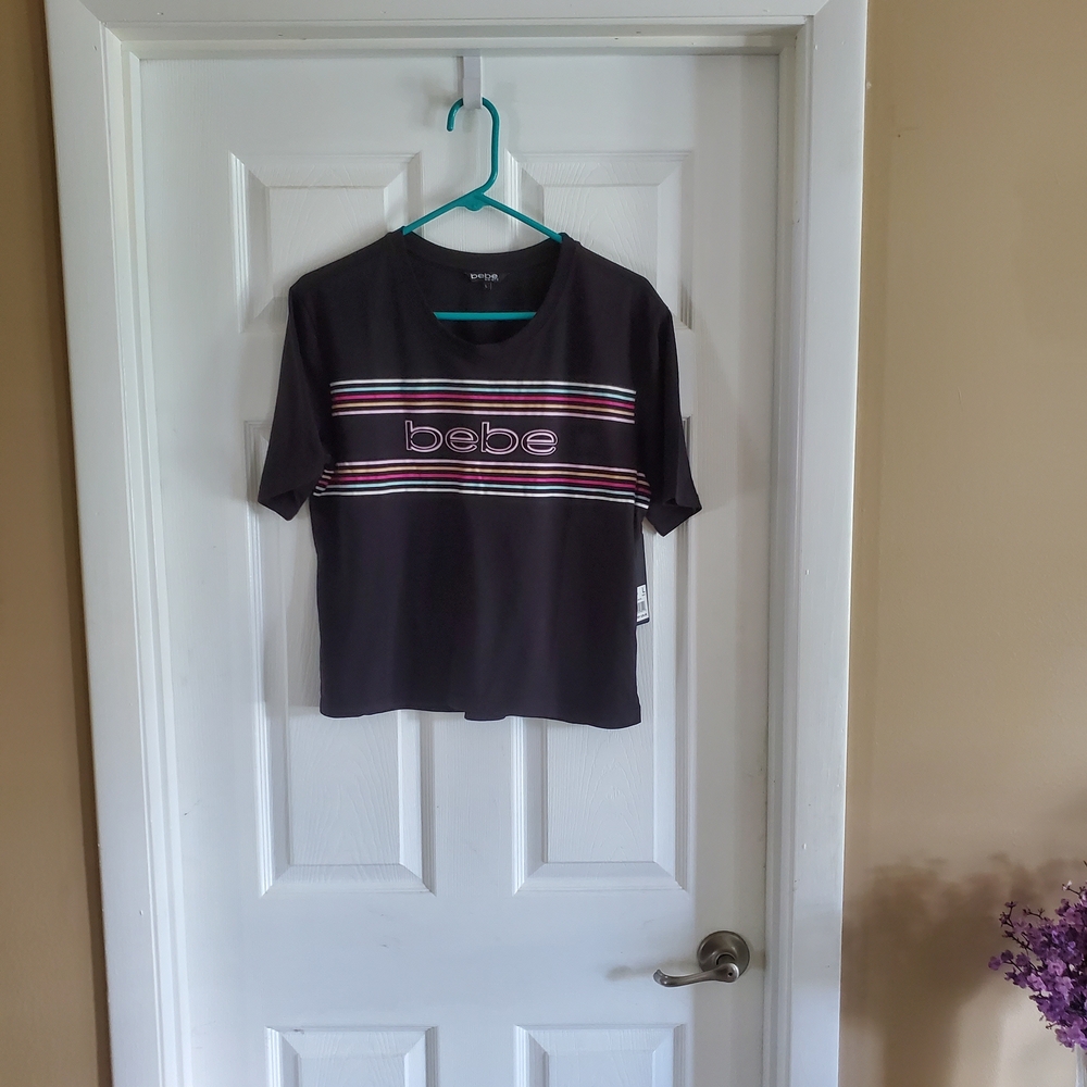 Bebe Sport Short Sleeved Black Tee-shirt With Multi Color Logo